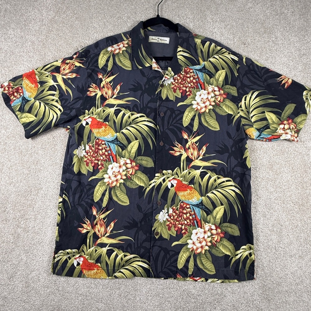 Tommy Bahama Silk Hawaiian Camp Shirt Mens Large Black Parrot Floral Tropical